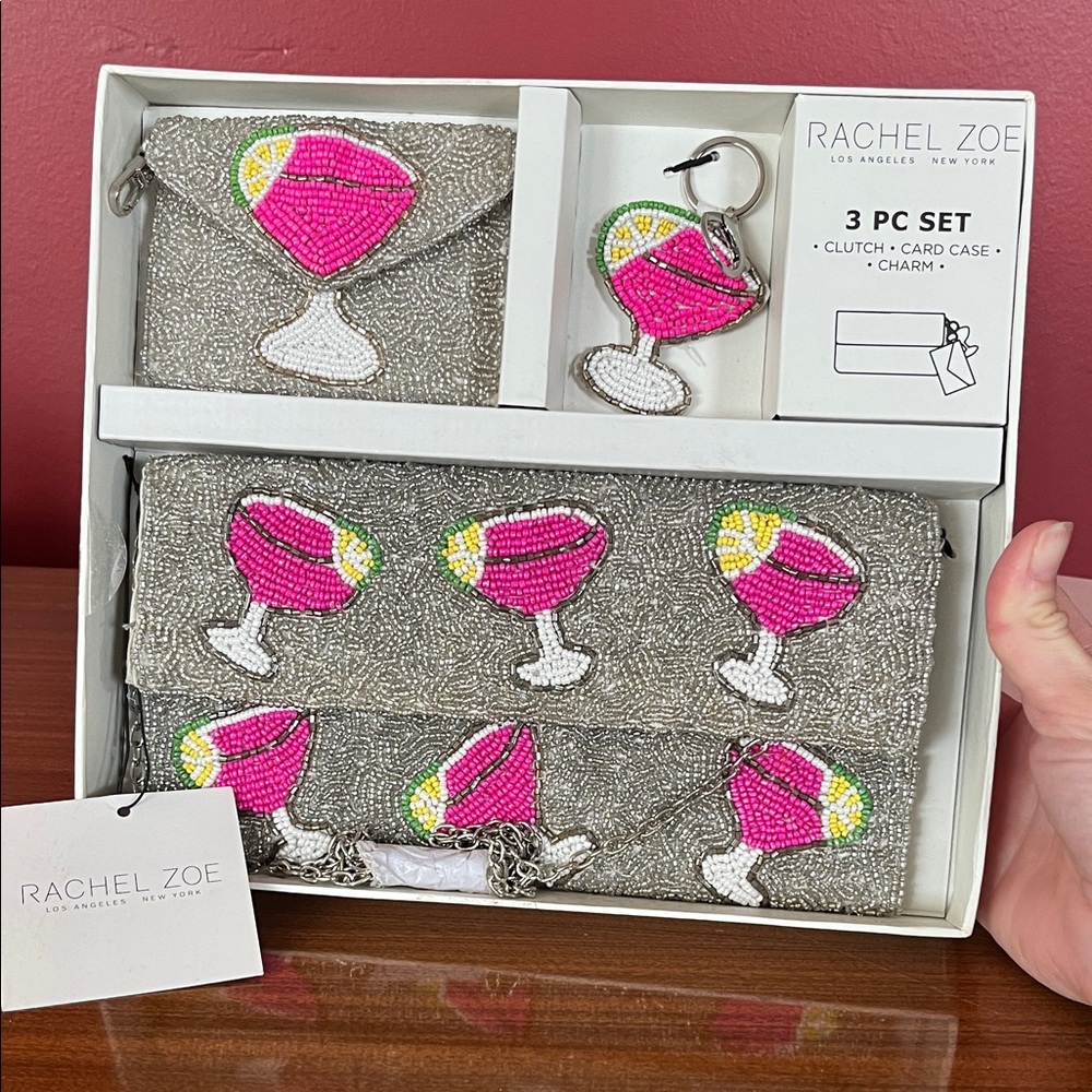 New Rachel Zoe Silver and Pink Beaded Clutch Set
